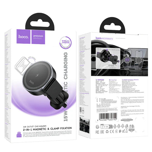 15W Wireless Charging Magnetic 2-in-1 Air Vent Phone Holder – Magnetic or Clamp Mount (HW35)