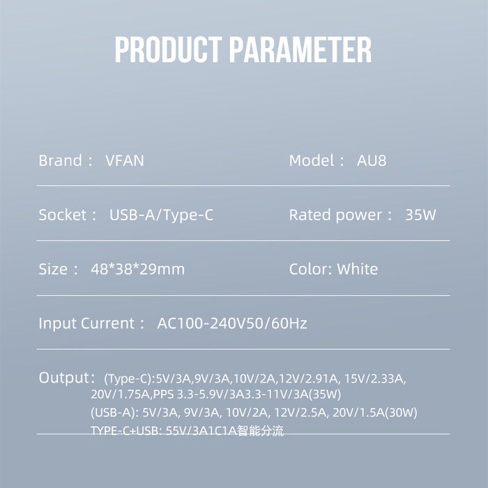 Vipfan 35W GaN Ultra Fast Charger w/ USB-C & USB-A (AU8)