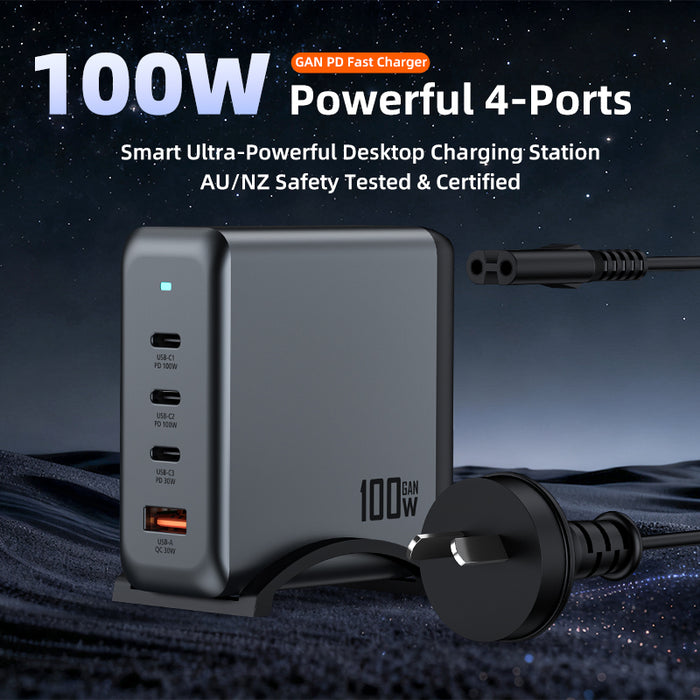 Vipfan 100W 4-Port PD GaN Ultra Fast Desktop Charging Station with 3x USB-C, 1x USB-A, 1.8M Power Cord (AU9)