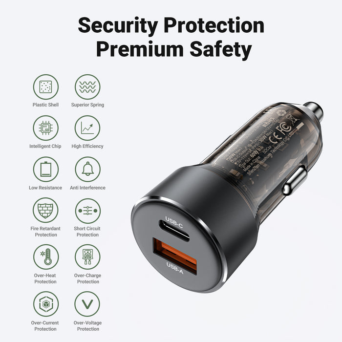 Acefast 60W Transparent Car Charger | Dual Port PD & QC 3.0 | Zinc Alloy Body