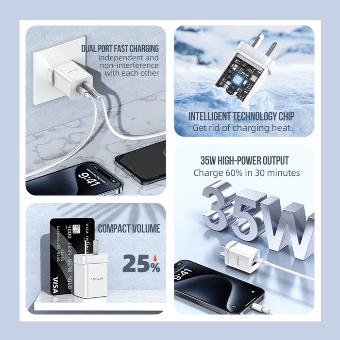 Vipfan 35W GaN Ultra Fast Charger w/ USB-C & USB-A (AU8)