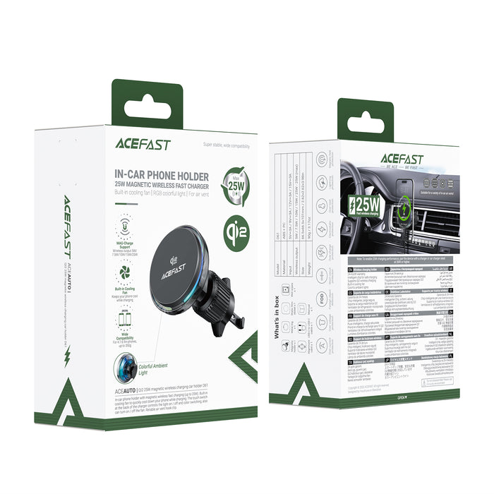 25W Qi2 Wireless Charging Phone Holder for Air Vent, with Active Cooling, Ambient Light (D61)