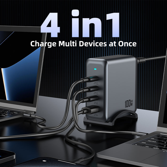 Vipfan 100W 4-Port PD GaN Ultra Fast Desktop Charging Station with 3x USB-C, 1x USB-A, 1.8M Power Cord (AU9)