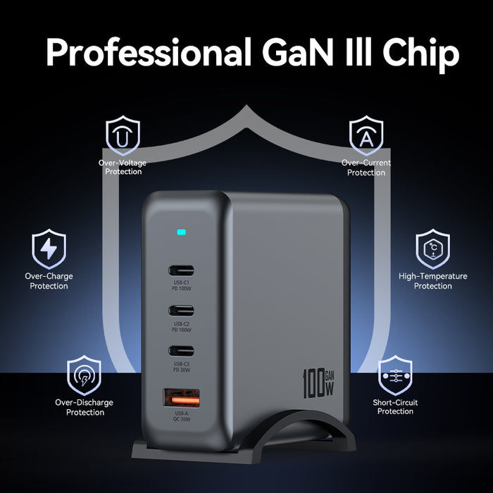 Vipfan 100W 4-Port PD GaN Ultra Fast Desktop Charging Station with 3x USB-C, 1x USB-A, 1.8M Power Cord (AU9)