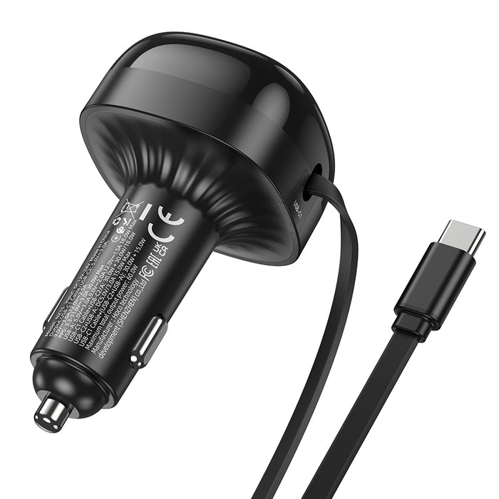 Hoco 60W 3 Outputs PD+QC Super Fast Car Charger with Retractable Type C Cable