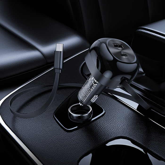 Hoco 60W 3 Outputs PD+QC Super Fast Car Charger with Retractable Type C Cable