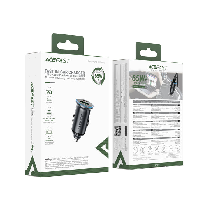 65W PD+QC Mini-Size Super Fast Car Charger with Metallic Body, LED Ring Light (B15)