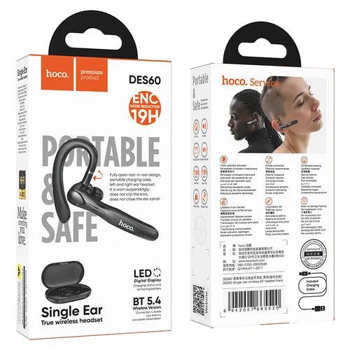 Bluetooth Single Earphone with ENC Noise Cancelling, 19 Hours, LED Display Battery Case (DES60)