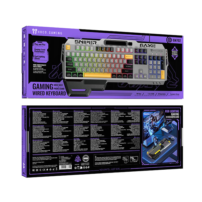 Ergonomic Wired Gaming Keyboard with RGB Rainbow Light, 6-Key Anti-Ghosting, Integrated Wrist Rest (GM702)