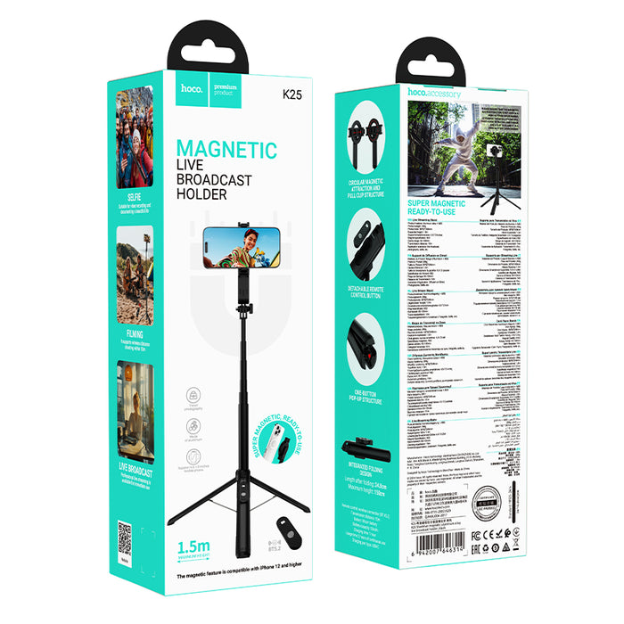 hoco. Premium Bluetooth Selfie Stick w/ 1.5m Tripod, V5.2 Remote, Magnetic Phone Holder