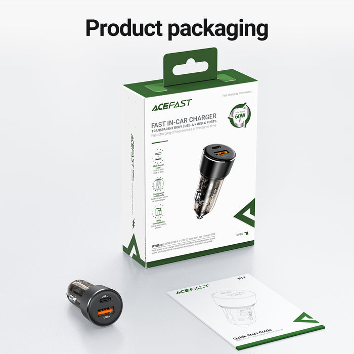 Acefast 60W Transparent Car Charger | Dual Port PD & QC 3.0 | Zinc Alloy Body