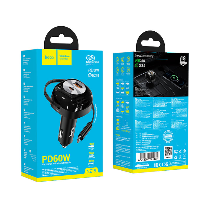 Hoco 60W 3 Outputs PD+QC Super Fast Car Charger with Retractable Type C Cable