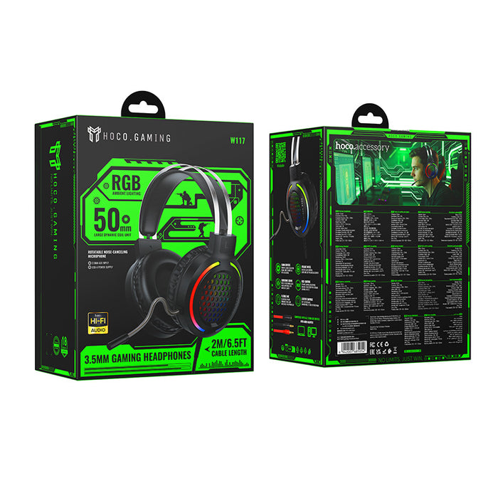 Premium Wired Gaming Headset with LED Light, Omnidirectional Microphone, 50mm Drivers (W117)