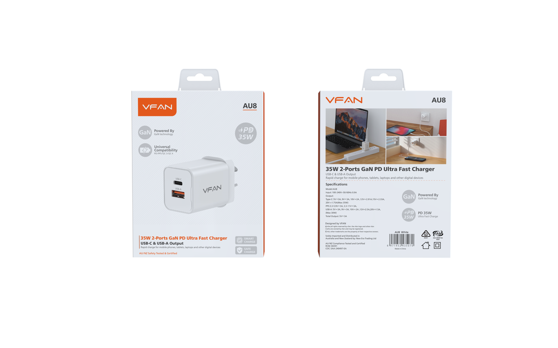 Vipfan 35W GaN Ultra Fast Charger w/ USB-C & USB-A (AU8)