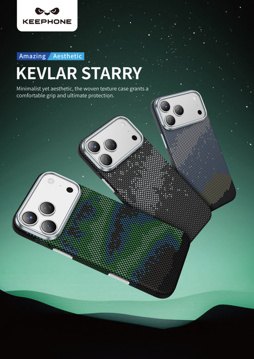 Keephone Starry Genuine Kevlar Case with Night Star Aesthetic | 1500D Aramid Fiber & MagSafe Compatible | iPhone 17 Series (STARRY)