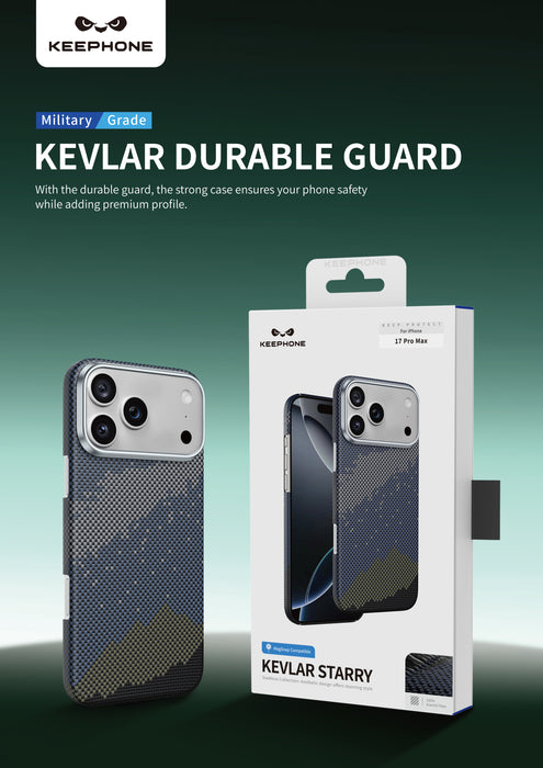 Keephone Starry Genuine Kevlar Case with Night Star Aesthetic | 1500D Aramid Fiber & MagSafe Compatible | iPhone 17 Series (STARRY)