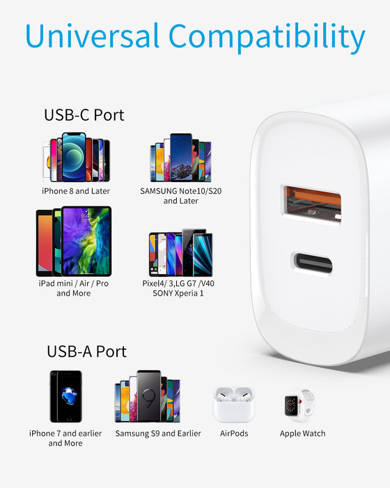 20W USB-C & USB-A Dual Super Fast Wall Charger (PD 20W + QC3.0)