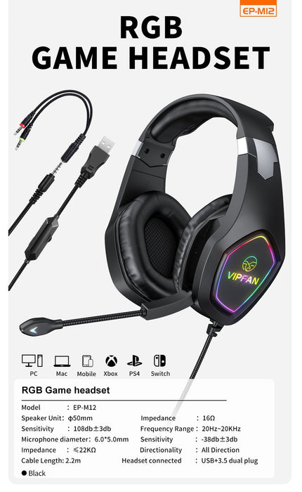 Gaming Headset with RGB Light / HD Sound & Mic